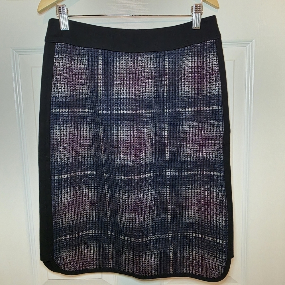 Karen Millen Skirt Pencil Plaid Black Trim Lined Sz 6 Plaid
